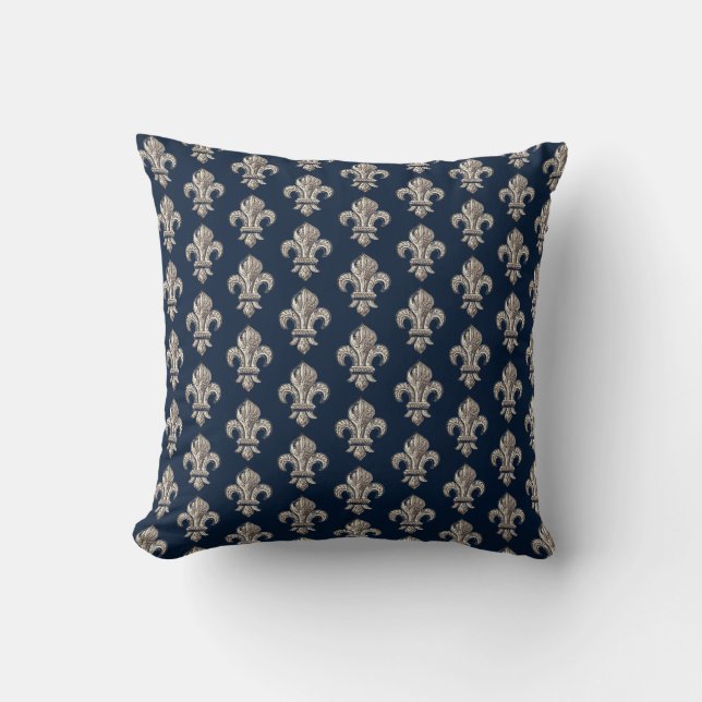 Mediaeval French Fleur de Lis Navy Throw Pillow (Front)