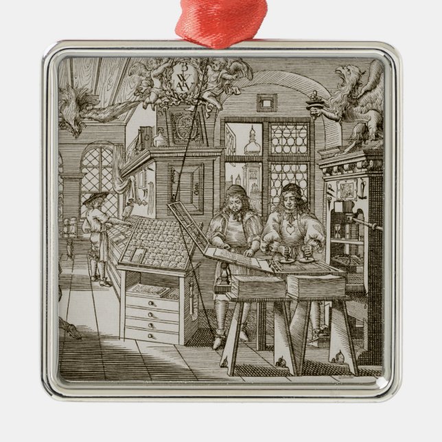 Mediaeval German printing press (engraving) Metal Tree Decoration (Front)