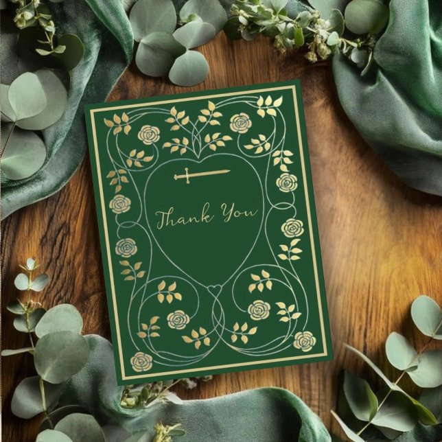 Mediaeval Gold Floral Hearts and Sword Wedding Thank You Card (Creator Uploaded)