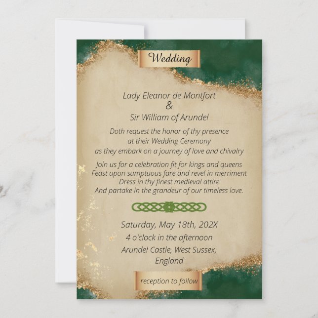 Mediaeval Gold Green Agate Parchment Wedding Invitation (Front)