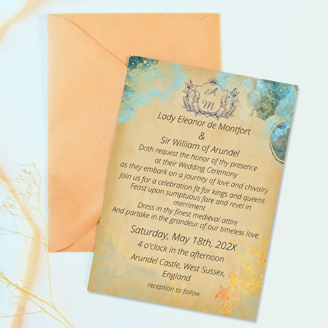 Mediaeval Gold Green Marble Parchment Wedding Invitation (Creator Uploaded)
