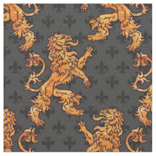Mediaeval Gold Lion Black Grey Fleur de Lis Fabric