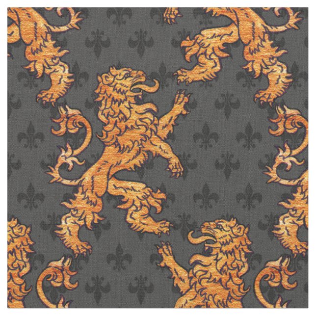 Mediaeval Gold Lion Black Grey Fleur de Lis Fabric (Close Up)