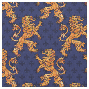 Mediaeval Gold Lion Blue Fleur de Lis Fabric