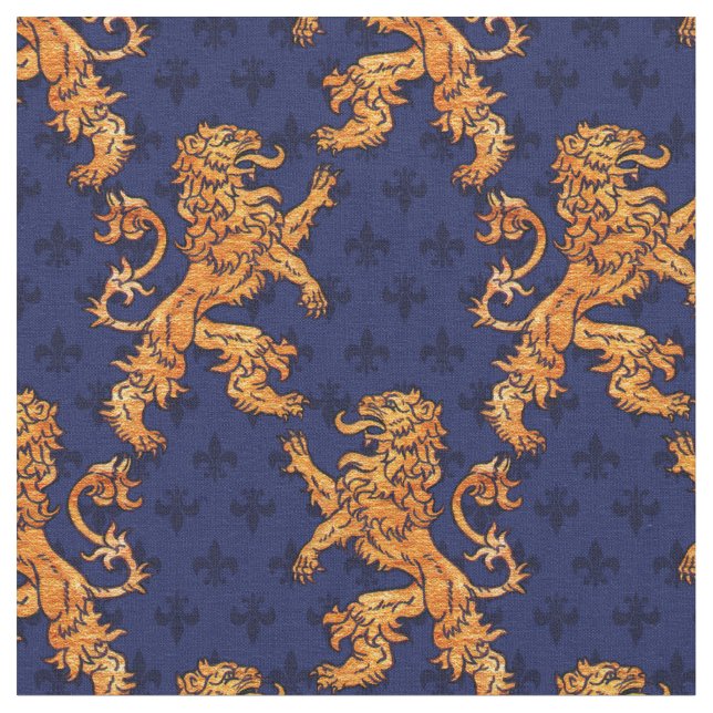 Mediaeval Gold Lion Blue Fleur de Lis Fabric (Close Up)
