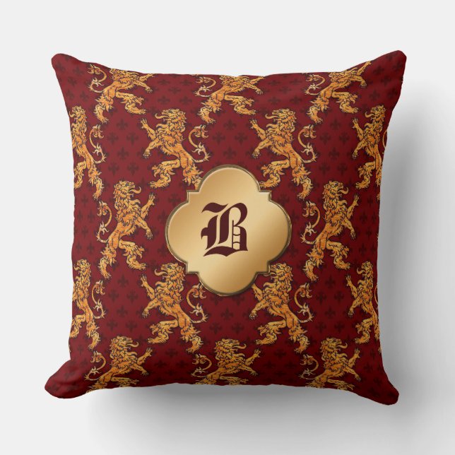 Mediaeval Gold Lion Red Fleur de Lis Cushion (Front)