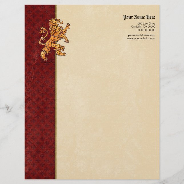 Mediaeval Gold Lion Red Fleur de Lis Customized Letterhead (Front)