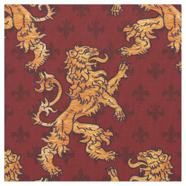 Mediaeval Gold Lion Red Fleur de Lis Fabric (Close Up)