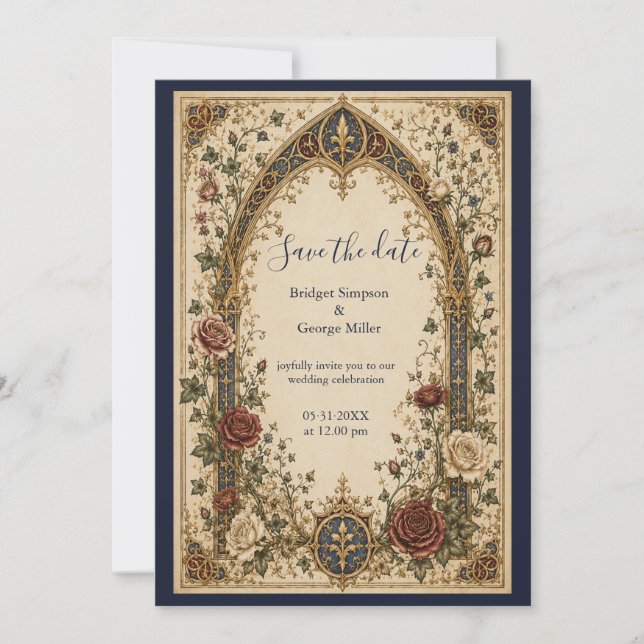 Mediaeval Gothic Botanical Arch Floral Wedding Invitation (Front)