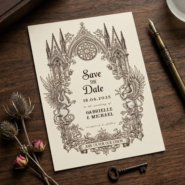 Mediaeval Gothic Dragon Griffin old paper Save The Date (Creator Uploaded)