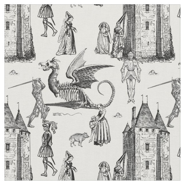 mediaeval gothic dragon knight skeleton toile fabric (Close Up)