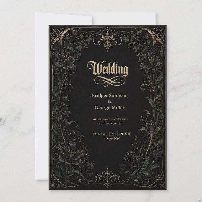 mediaeval Gothic Lily Ivy Gold Wedding  Invitation (Front)