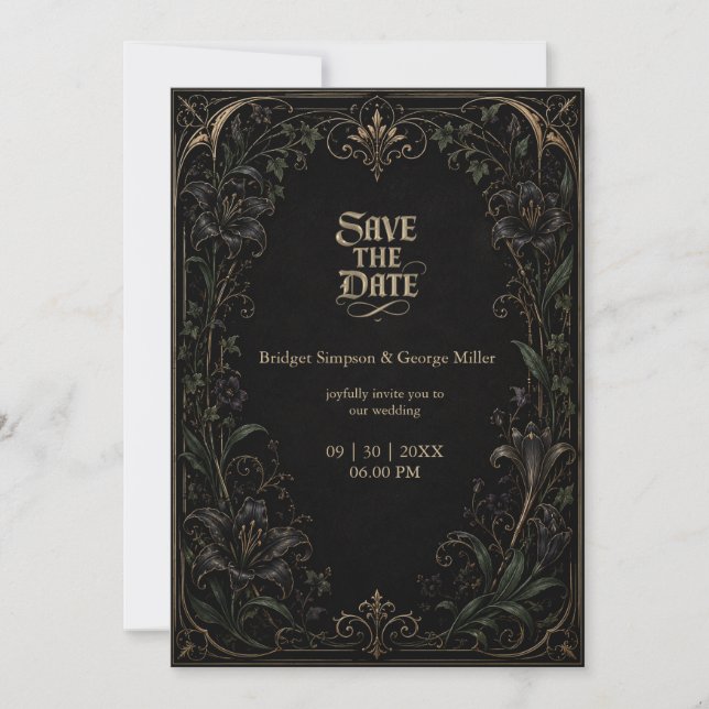 mediaeval Gothic Lily Ivy Gold Wedding Invitation (Front)