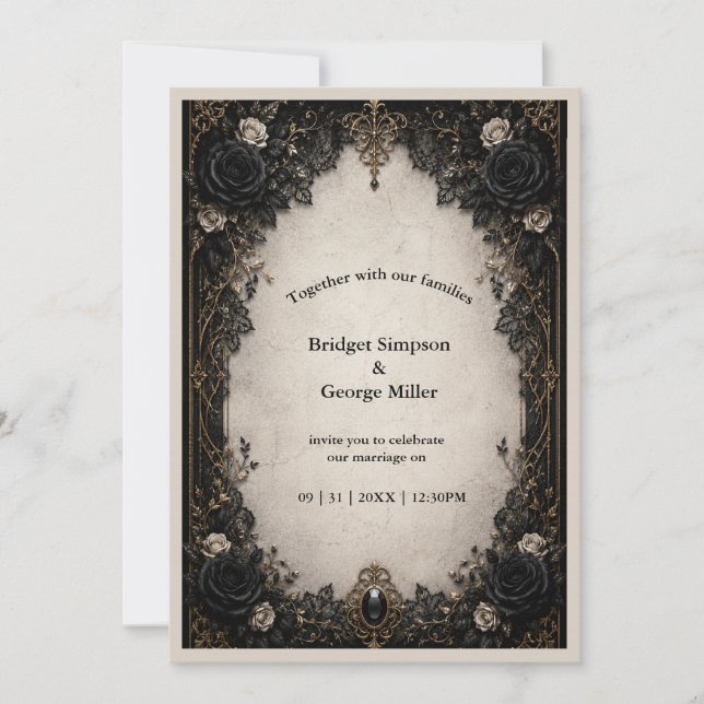 Mediaeval Gothic Noir Black Rose Wedding Invitation (Front)