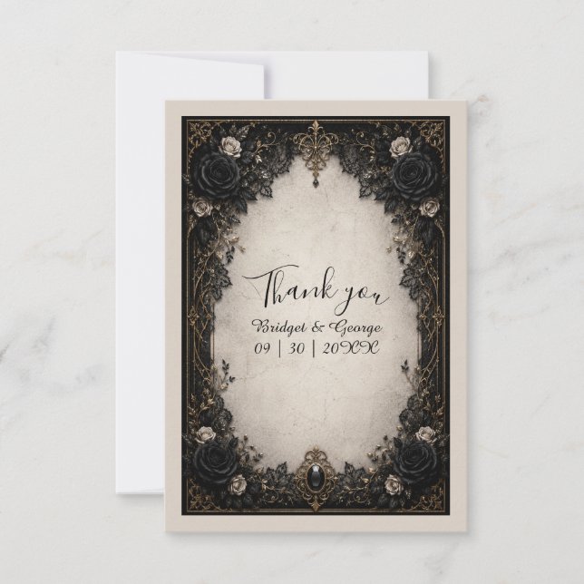 Mediaeval Gothic Noir Black Rose Wedding Thank You Card (Front)