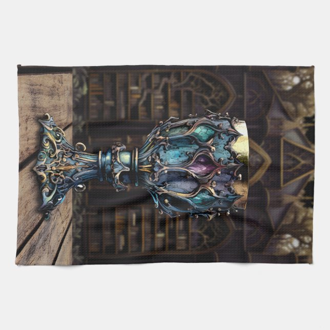 Mediaeval Gothic Purple Blue Goblet Castle Library Tea Towel (Horizontal)