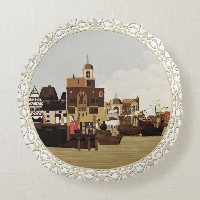 Mediaeval Harbour Round Cushion (Front)