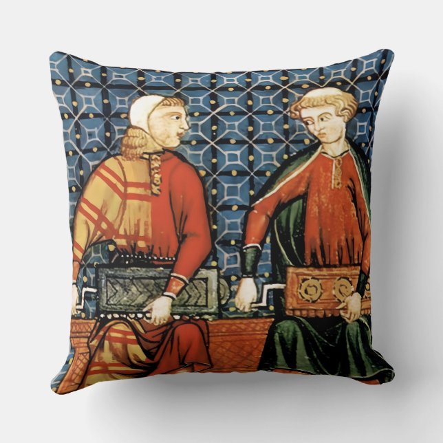 Mediaeval Hurdy Gurdy players on blue pillow (Back)
