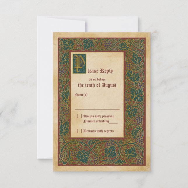 Mediaeval Illuminated Manuscript Wedding RSVP repl Card (Front)