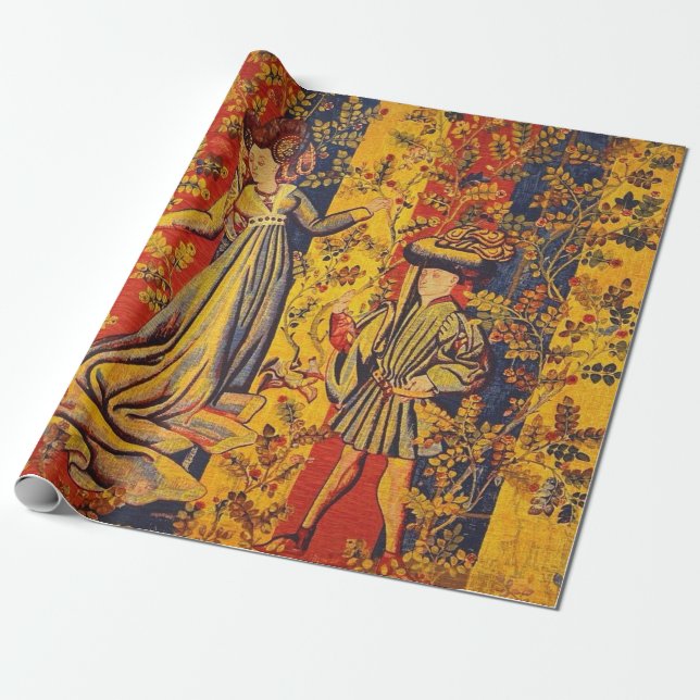 Mediaeval Italian Chinoiserie Red Blue Decoupage Wrapping Paper (Unrolled)