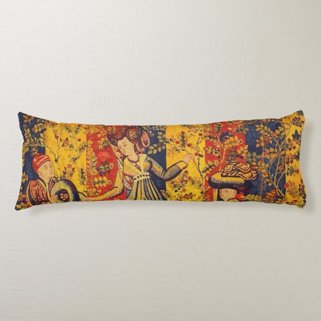 Mediaeval Italian Red Blue Yellow Chinoiserie  Body Cushion (Front)