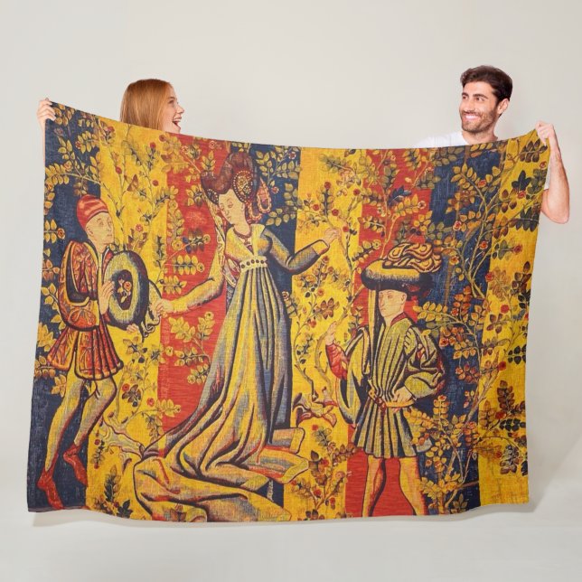 Mediaeval Italian Red Blue Yellow Chinoiserie  Fleece Blanket (In Situ)