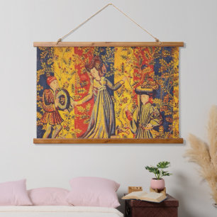 Mediaeval Italian Red Blue Yellow Chinoiserie Hanging Tapestry