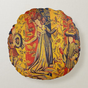 Mediaeval Italian Red Blue Yellow Chinoiserie Round Cushion