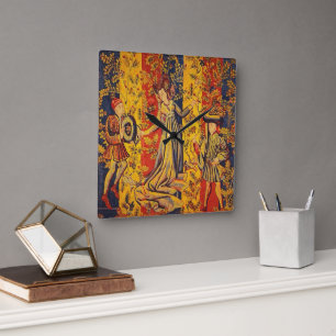 Mediaeval Italian Red Blue Yellow Chinoiserie Square Wall Clock