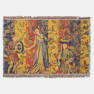 Mediaeval Italian Red Blue Yellow Chinoiserie Throw Blanket