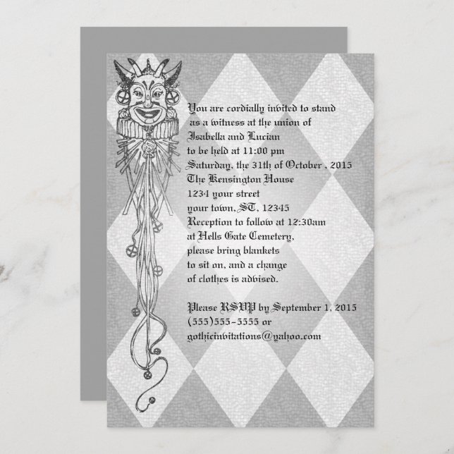 Mediaeval Jester Diamonds Goth Wedding Invitation (Front/Back)