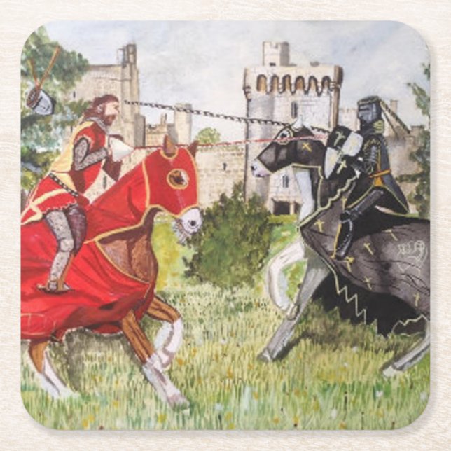 Mediaeval Joust In front of Castle Square Paper Coaster (Front)