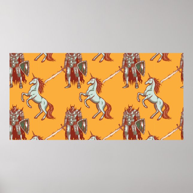 mediaeval knight and unicorn seamless pattern poster (Front)