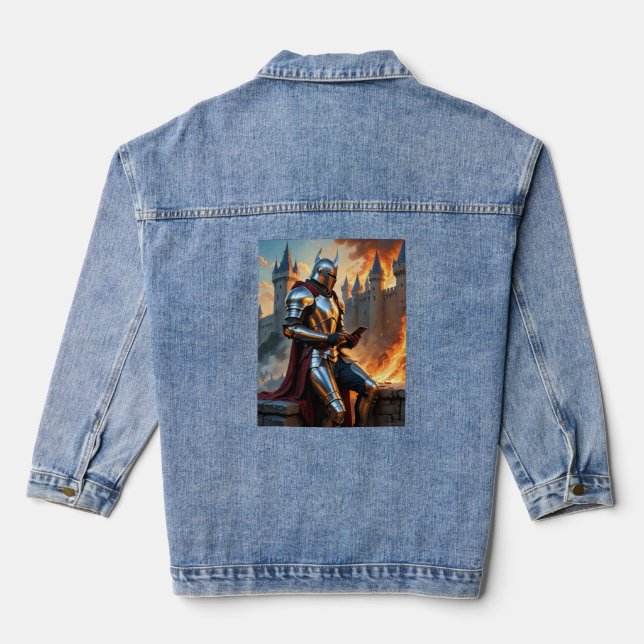 Mediaeval Knight Castle Fire Funny Fantasy Art Tee Denim Jacket (Back)