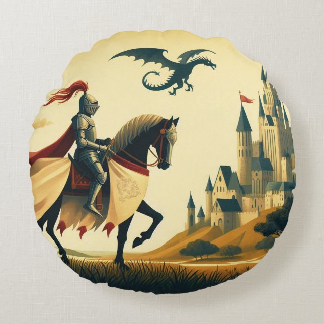 Mediaeval Knight/dragon/castle fantsy Round Cushion (Front)