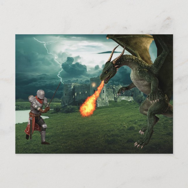 Mediaeval Knight Fire Breathing Dragon Battle Postcard (Front)