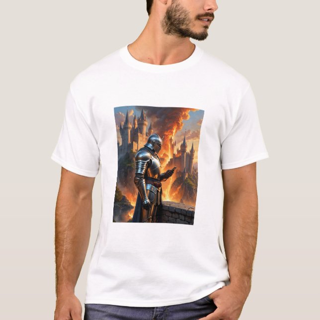 Mediaeval Knight Funny Castle Fire Fantasy Art Tee (Front)
