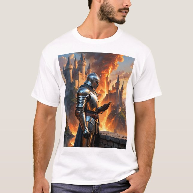 Mediaeval Knight Funny Castle Fire Fantasy Art Tee (Front)