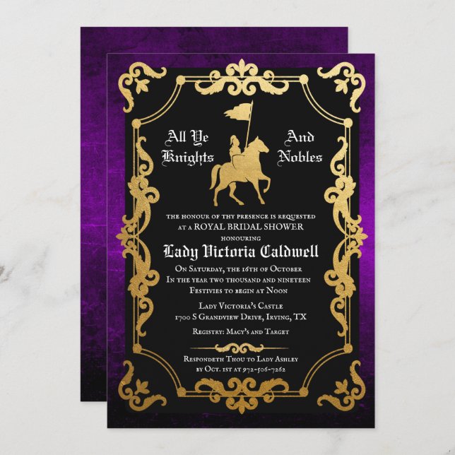 Mediaeval Knight Jousting Bridal Shower Invitation (Front/Back)