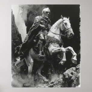 Mediaeval Knight Riding Horse Illustration Poster