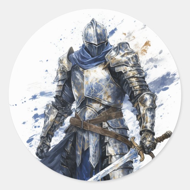 Mediaeval Knight with Blue Cape Classic Round Sticker (Front)