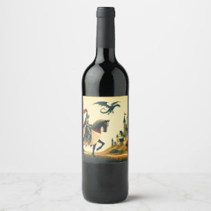 Mediaeval Knight & wyvern castle fantasy  Wine Label
