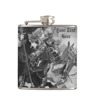 mediaeval knights jousting on horses hip flask