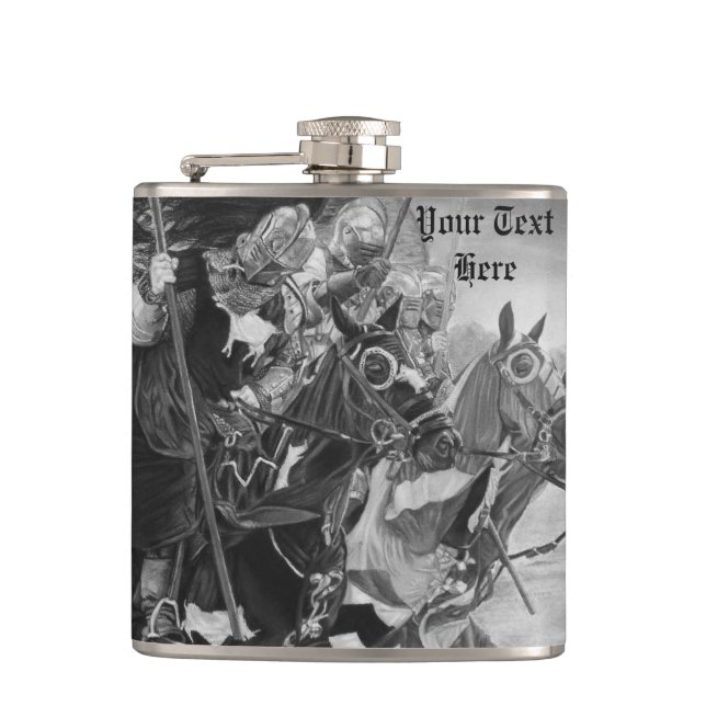 mediaeval knights jousting on horses hip flask (Front)