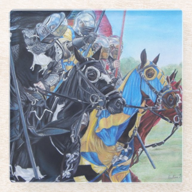 mediaeval knights jousting on horses historic art  glass coaster (Front)