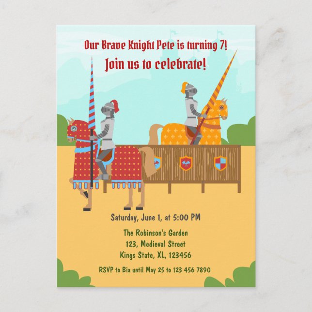 Mediaeval Knights Tournament Birthday Party Invitation Postcard (Front)
