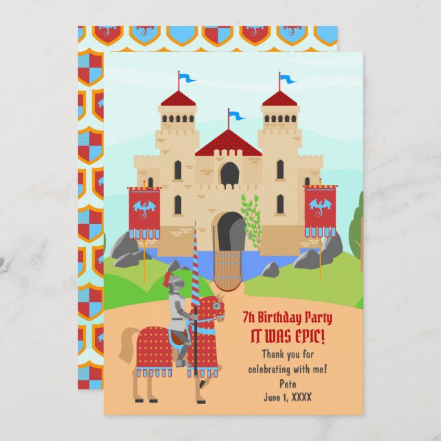 Mediaeval Knights Tournament Birthday Party Thank You Card (Front/Back)
