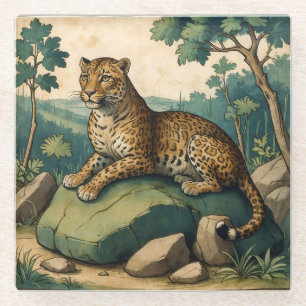 Mediaeval Leopard on Rock in Nature Glass Coaster