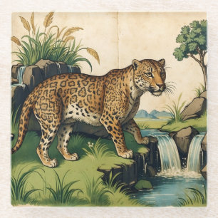 Mediaeval Leopard with Waterfall Nature Art Glass Coaster