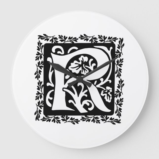 Mediaeval Letter R Monogram Black and White Large Clock (Front)